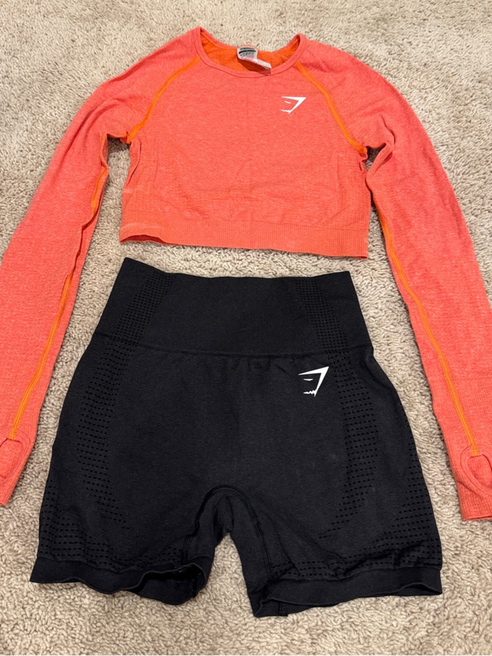 Gymshark Coral Long-Sleeve Crop Top with Black Seamless Shorts